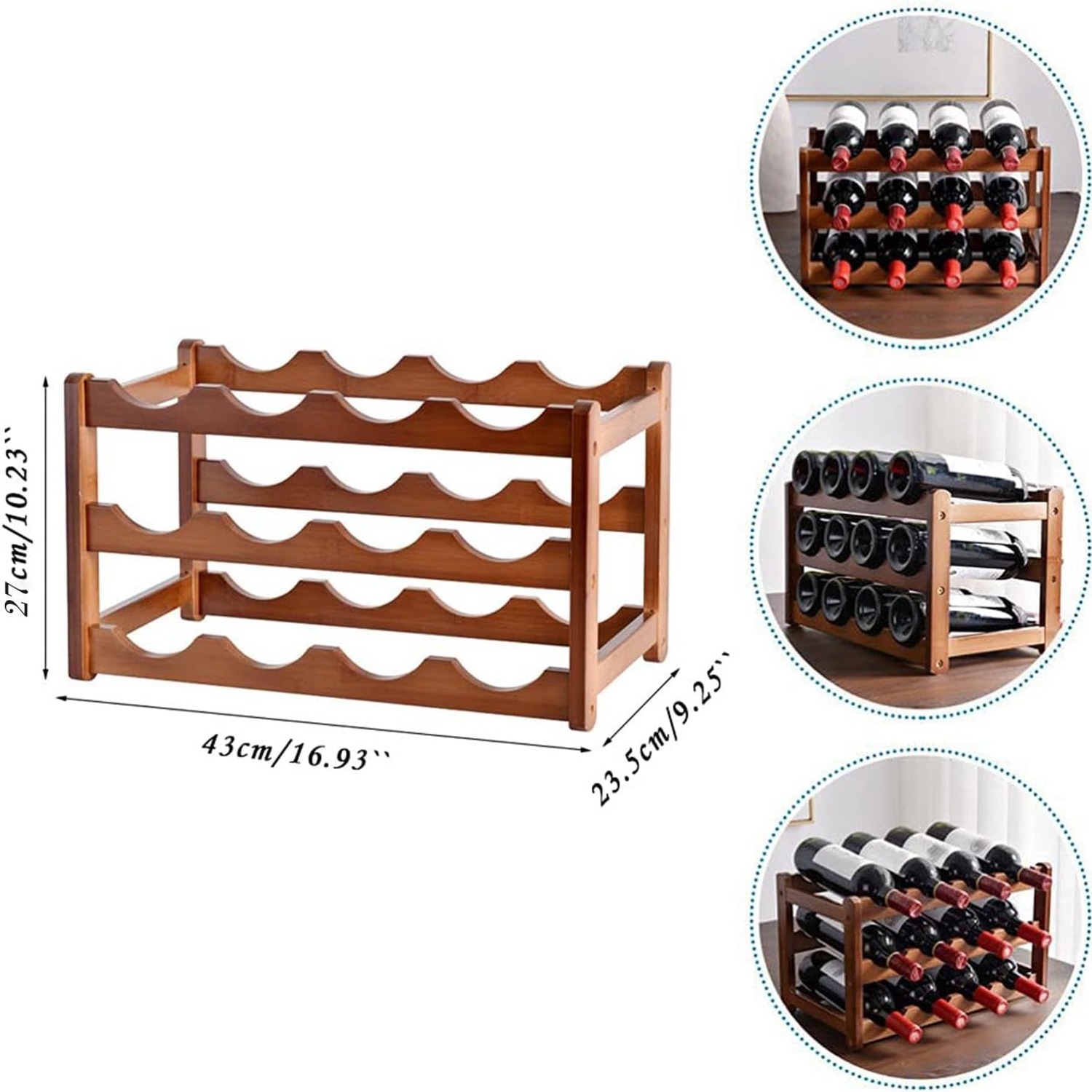 Bamboo Wine Rack 12 Bottle 3 Tier Countertop Stand, detail view