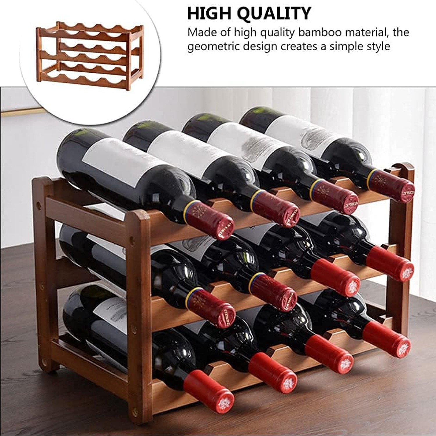 Bamboo Wine Rack 12 Bottle 3 Tier Countertop Stand, detail view