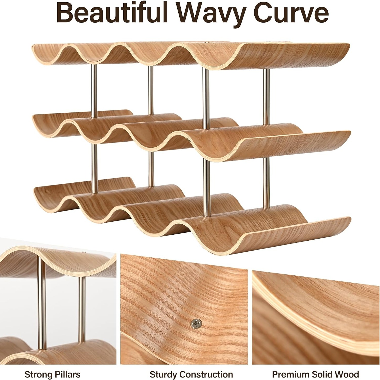 Wavy Wooden Wine Rack 12 Bottle Countertop Stand: image 3